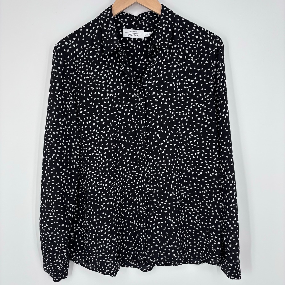& Other Stories Paris Atelier Silk Polka Dot Blouse Women 12 Black White Shirt
